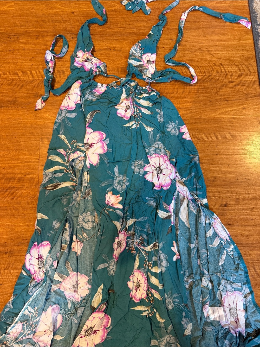 Floral Teal Halter Maxi Dress with Pink Accents
